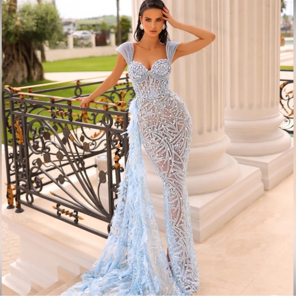 Elegant Blue Embellished Evening Gown